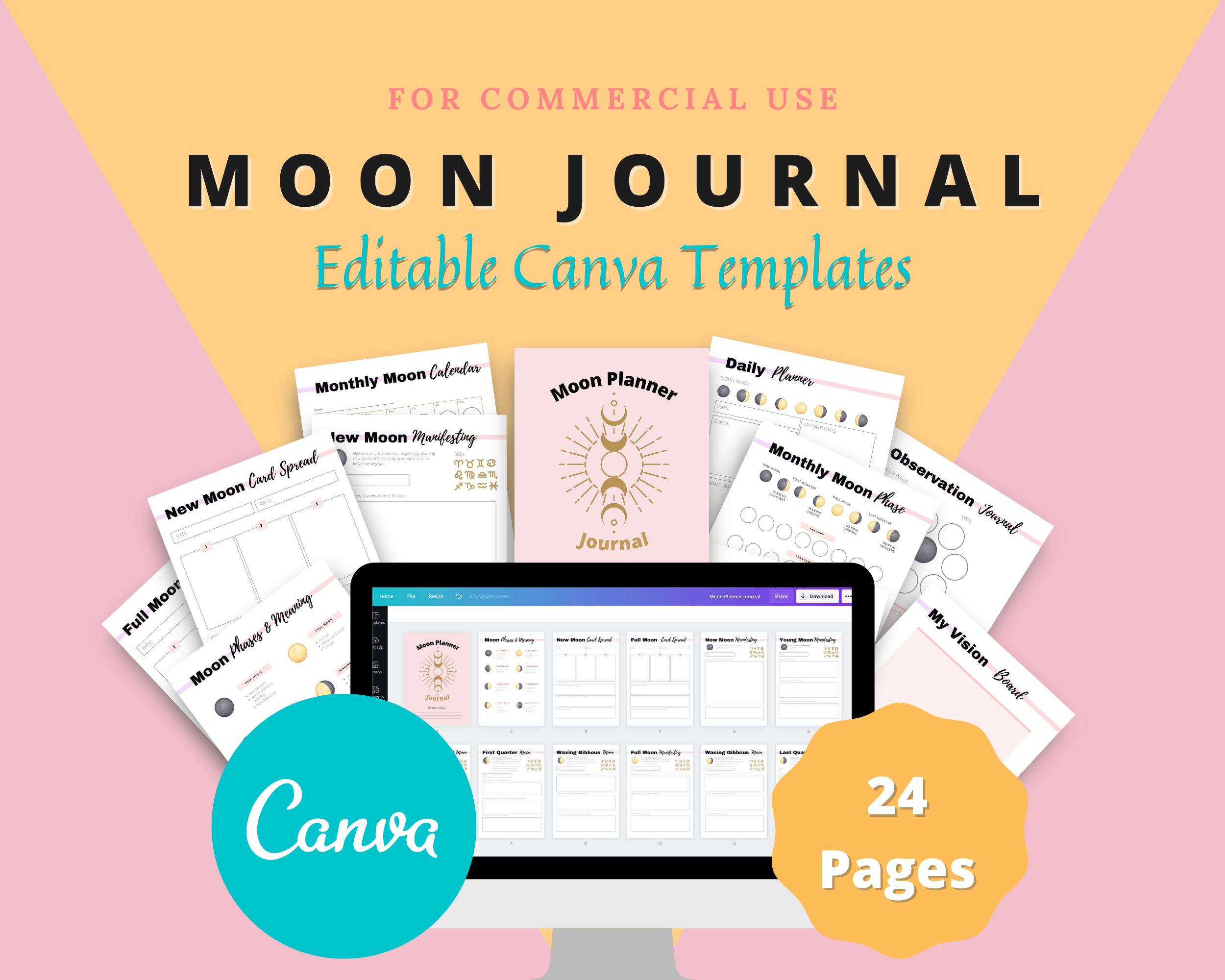 Editable Moon Journal Planner Templates in Canva | Commercial Use