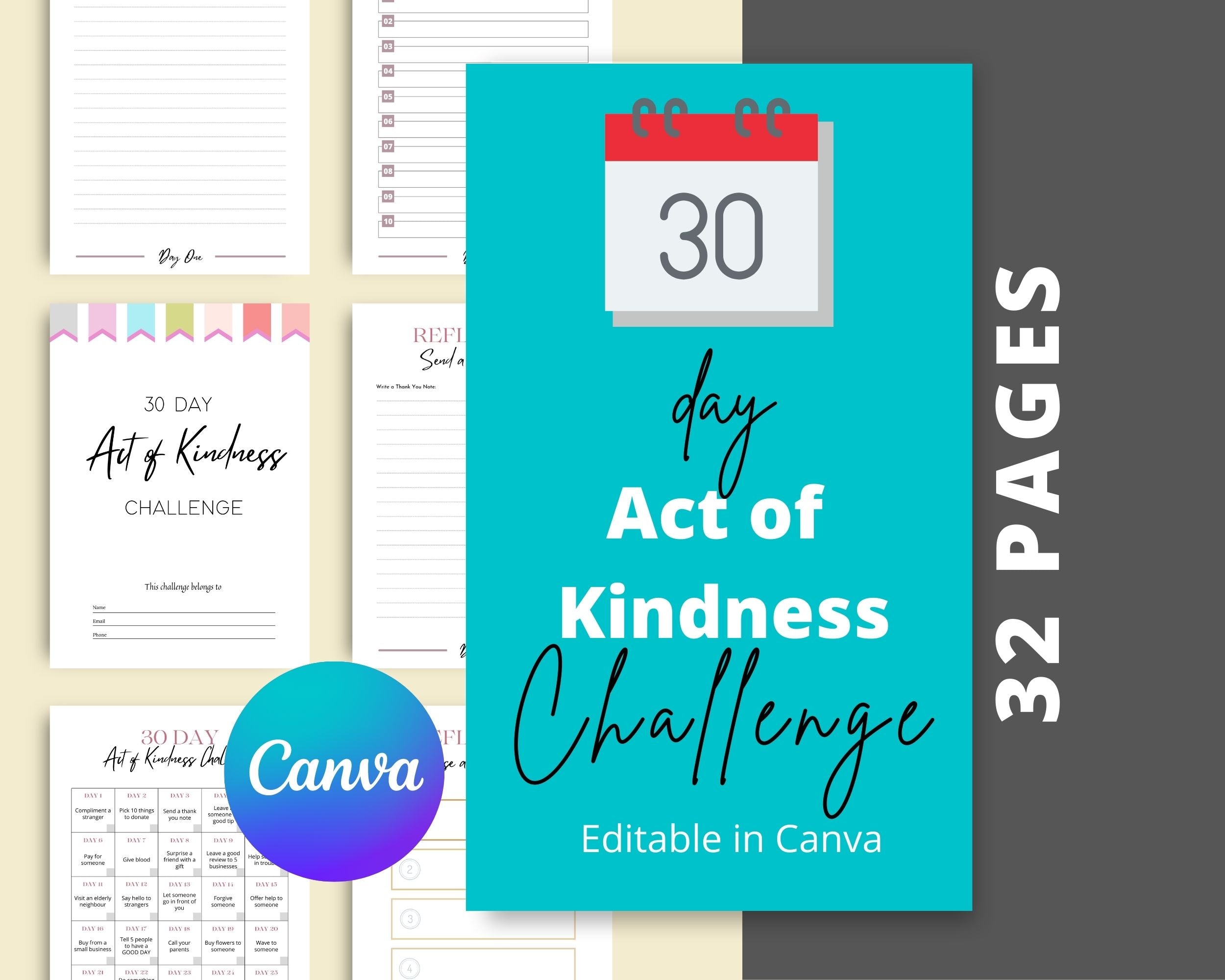 30 Day Act of Kindness Challenge | Editable Canva Template A4 Size