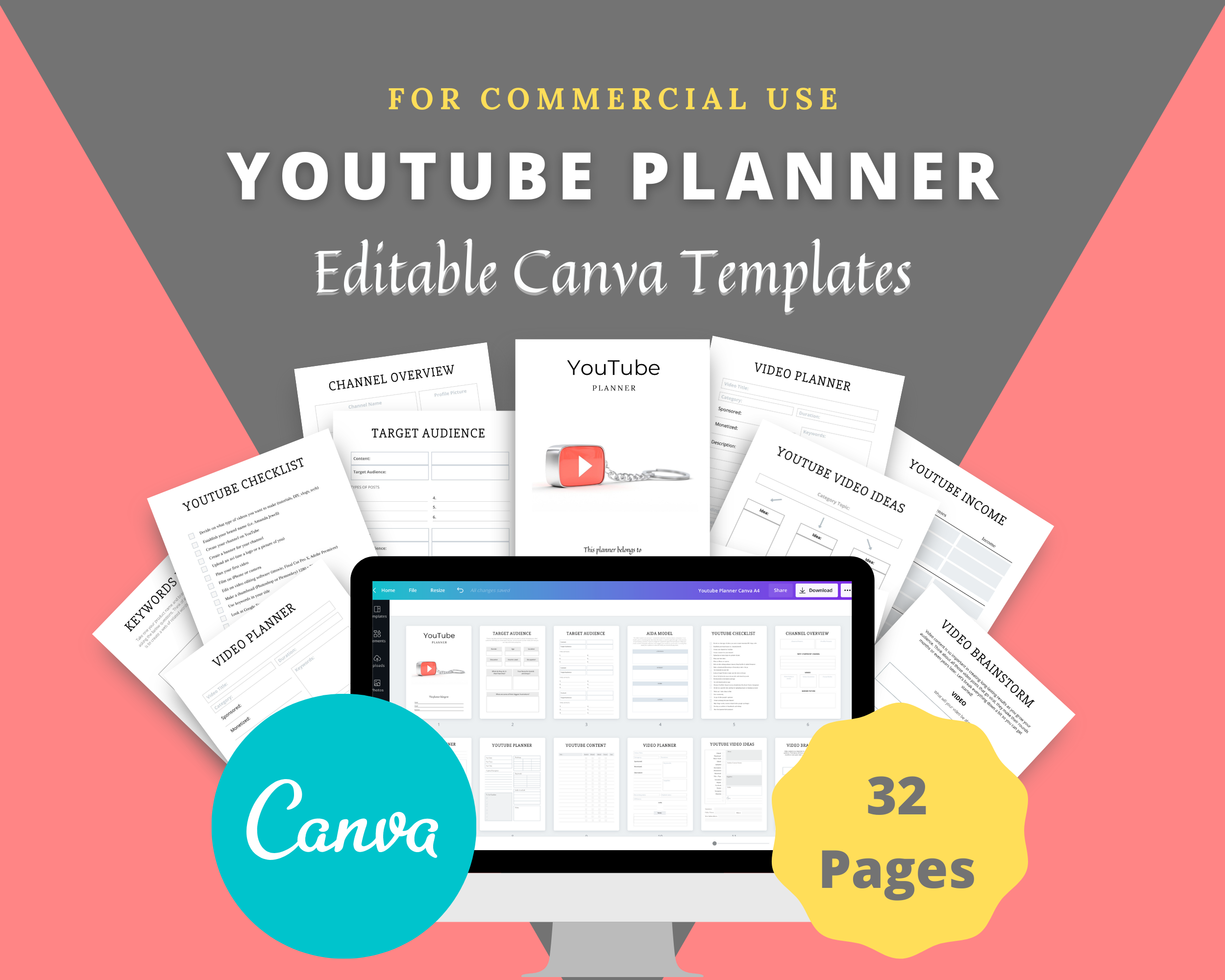 Editable YouTube Planner Templates in Canva | Commercial Use