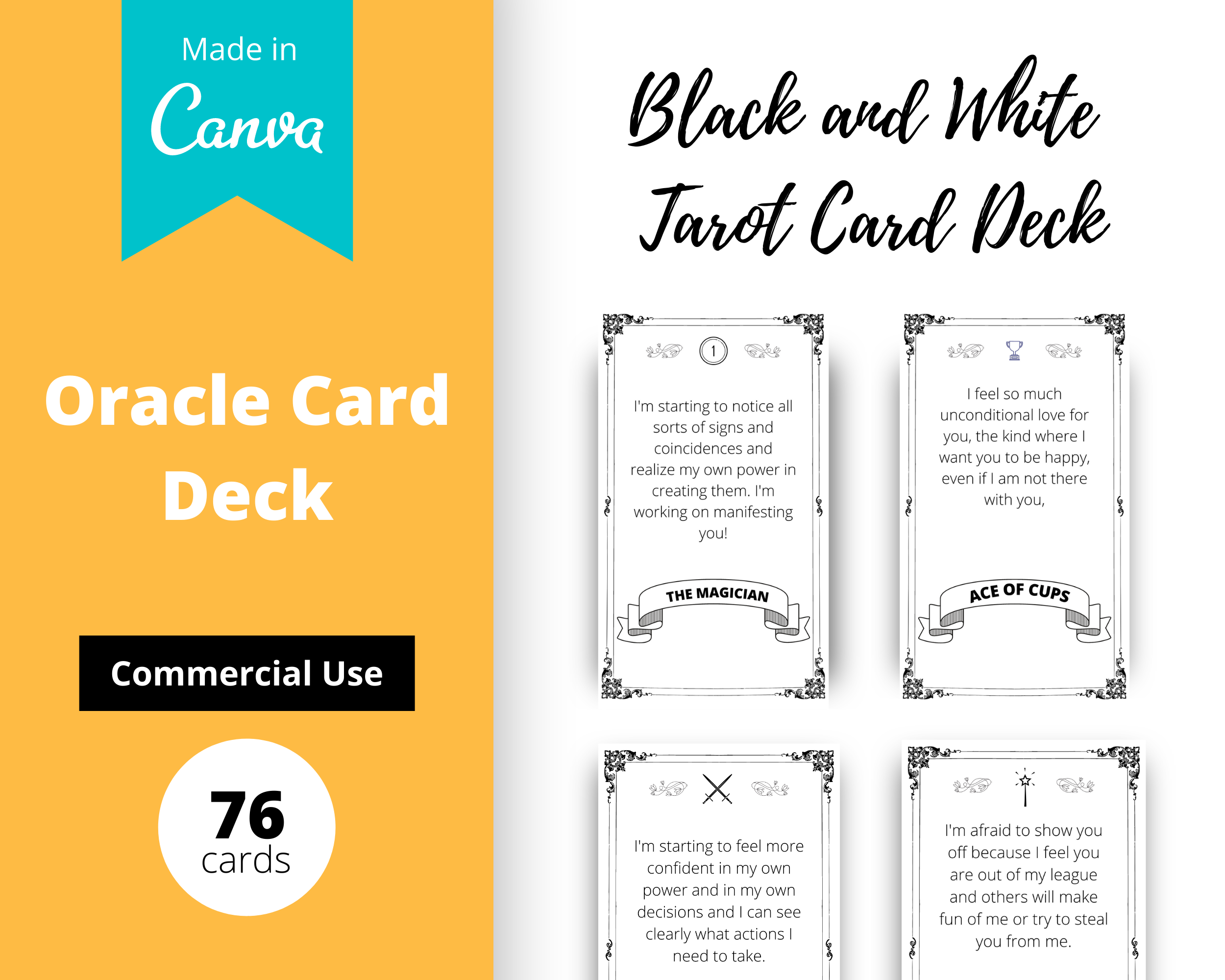 Black & White Tarot Card Deck | Editable 76 Card Deck in Canva | Size 2.75"x 4.75" | Commercial Use