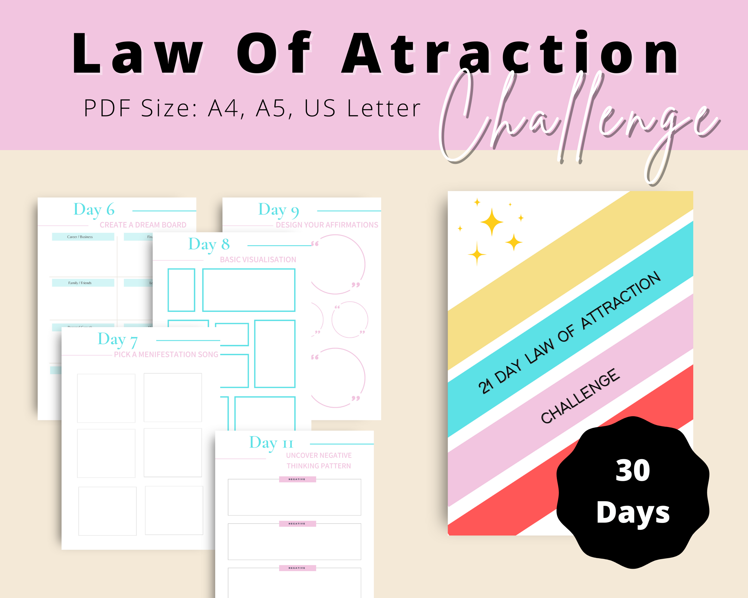 21-Day Law Of Attraction Challenge | Editable Canva Template A4 Size