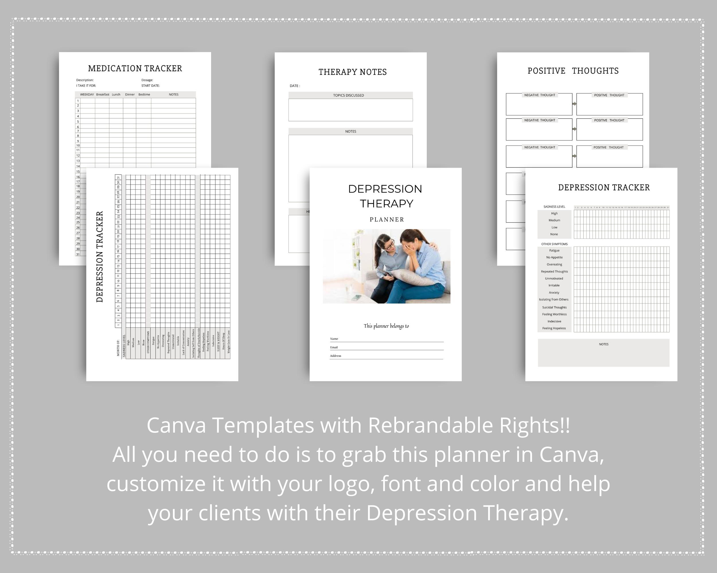 Editable Depression Therapy Planner in Canva | Commercial Use