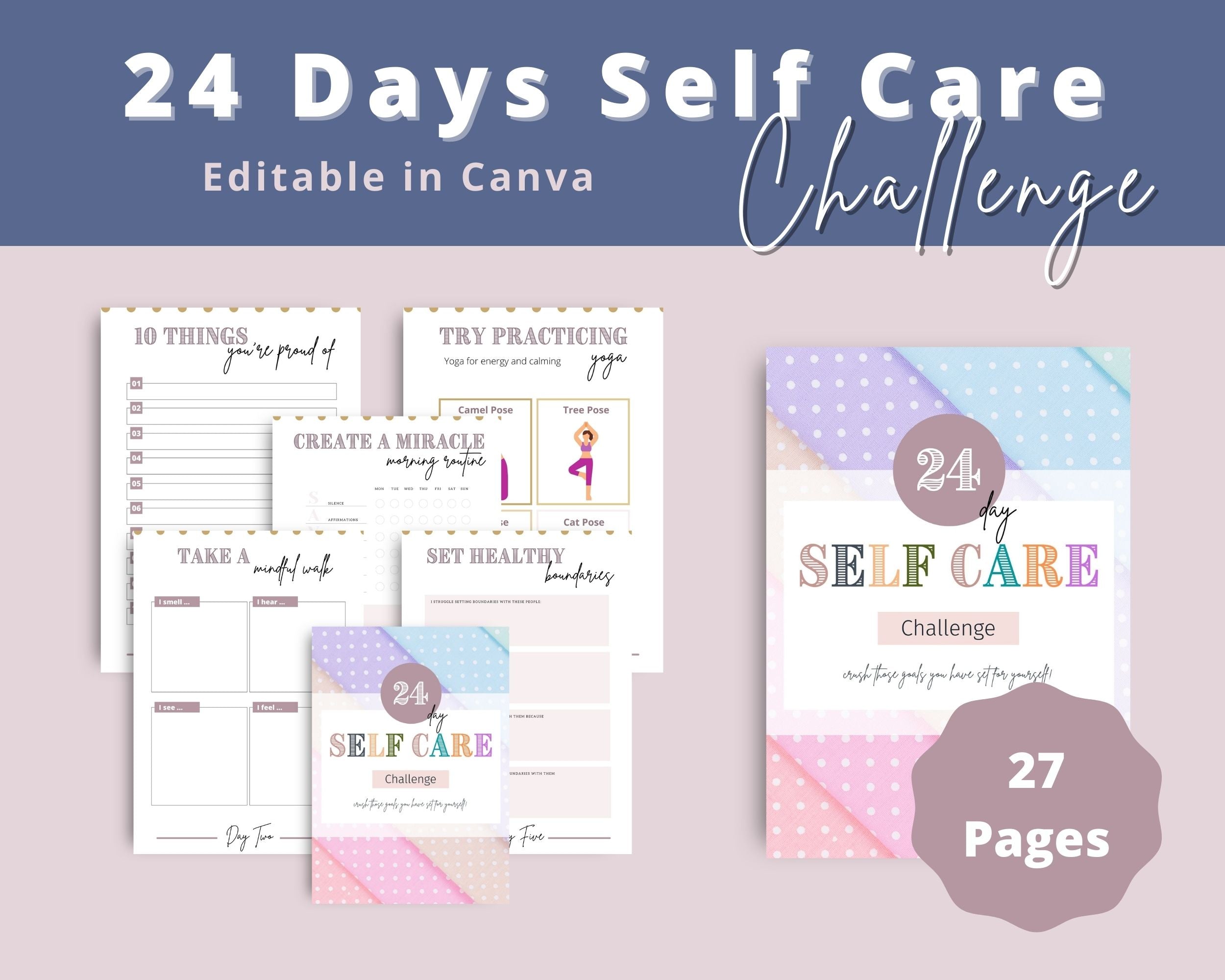 24 Days Self Care Challenge | Editable Canva Template A4 Size