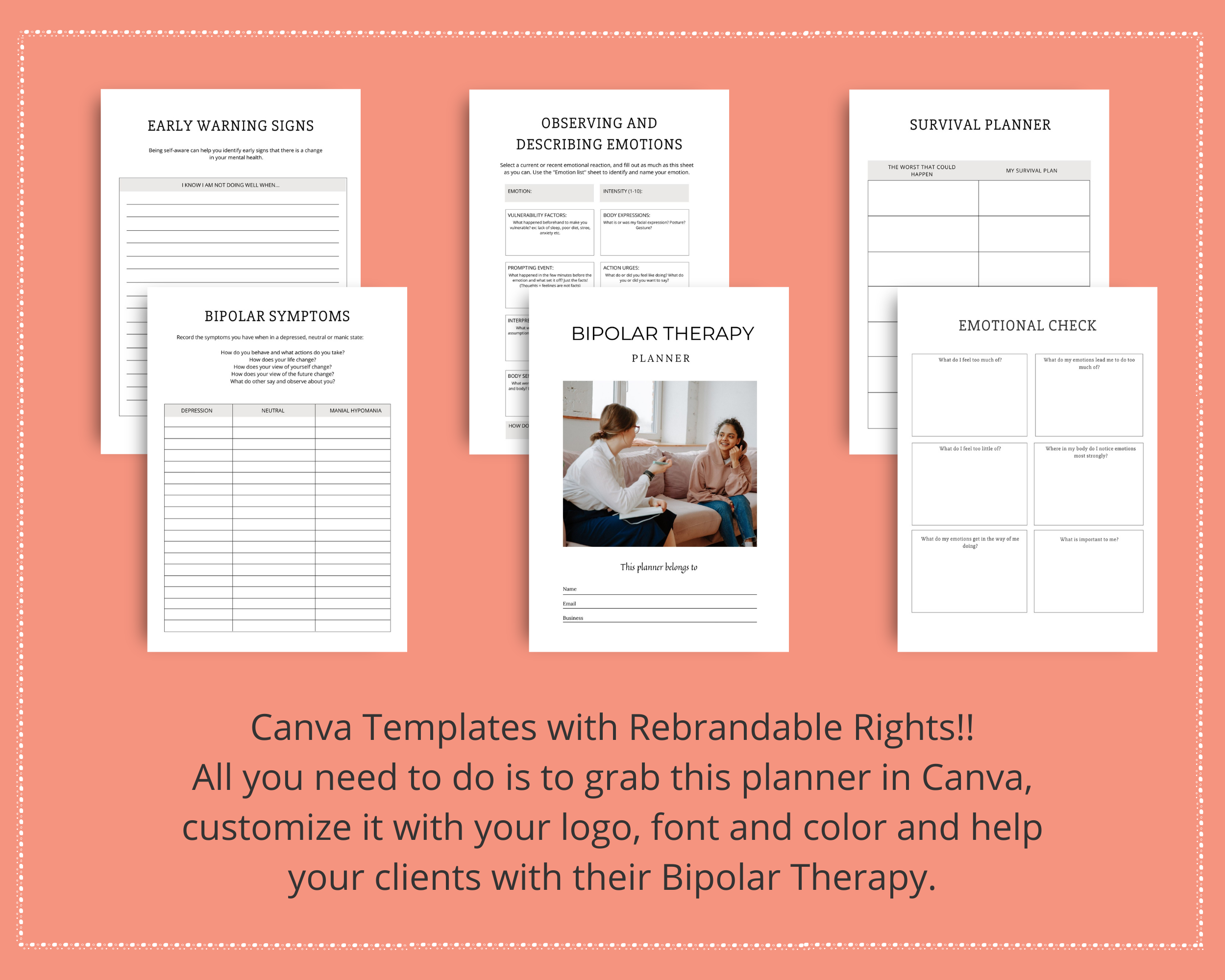 Editable Bipolar Therapy Planner in Canva | Commercial Use