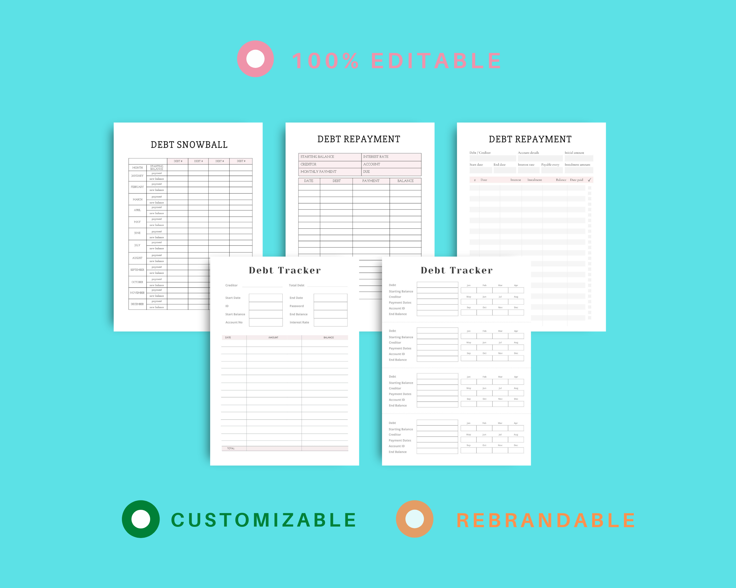 Debt Tracker Canva Templates | Commercial Use | Editable Debt Chart | 52 Weeks Debt Payoff