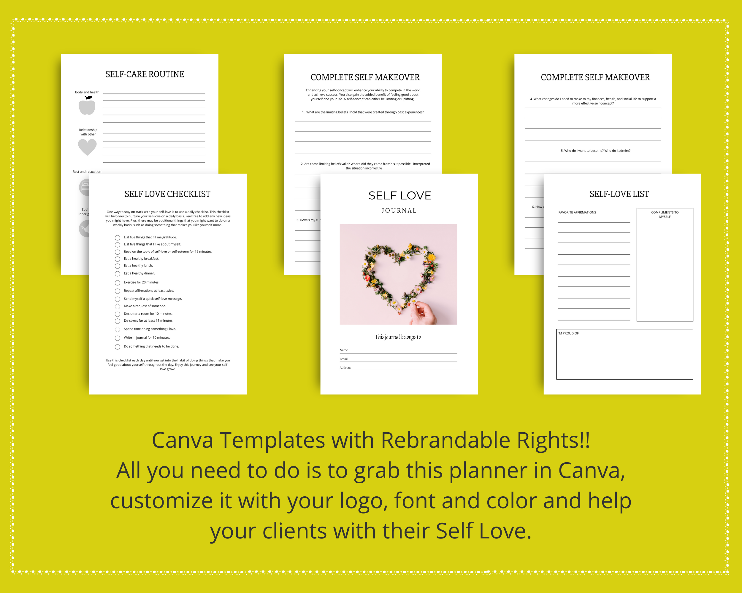 Editable Self Love Journal in Canva | Commercial Use