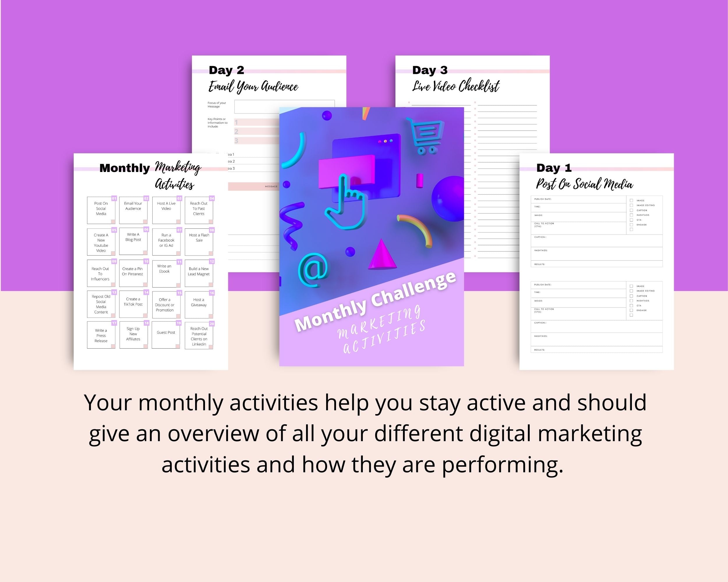 Monthly Marketing Activities Challenge | Editable Canva Template A4 Size