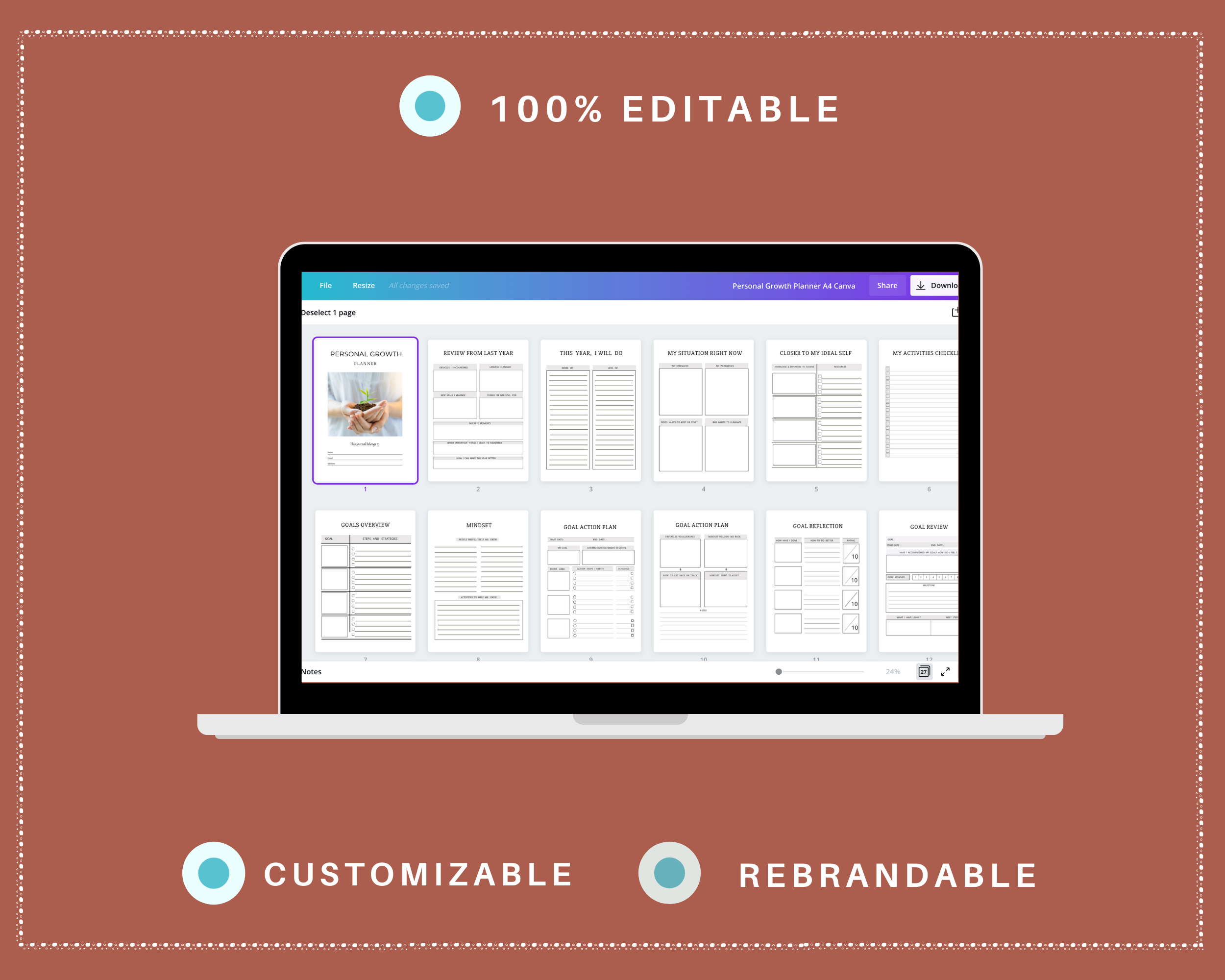 Editable Personal Growth Planner Templates in Canva | Commercial Use
