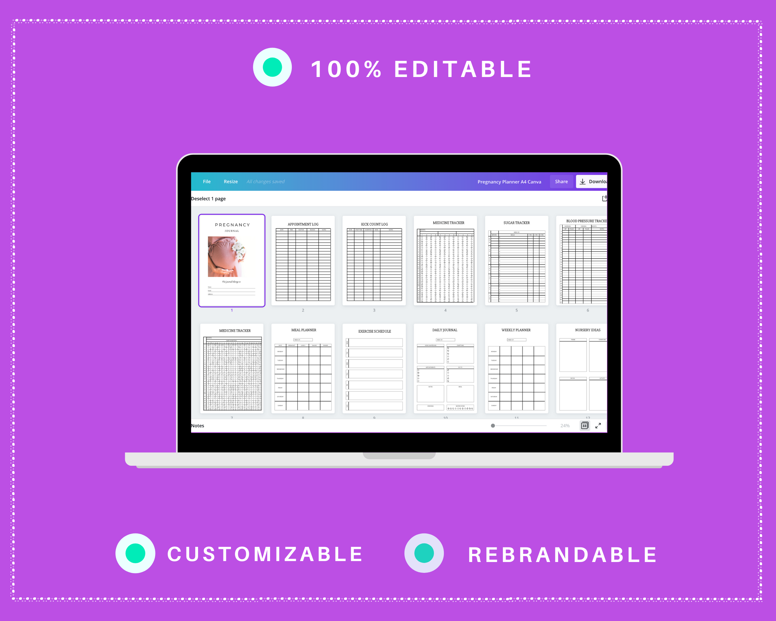 Editable Pregnancy Planner Templates in Canva | New Mom Planner Templates | Commercial Use