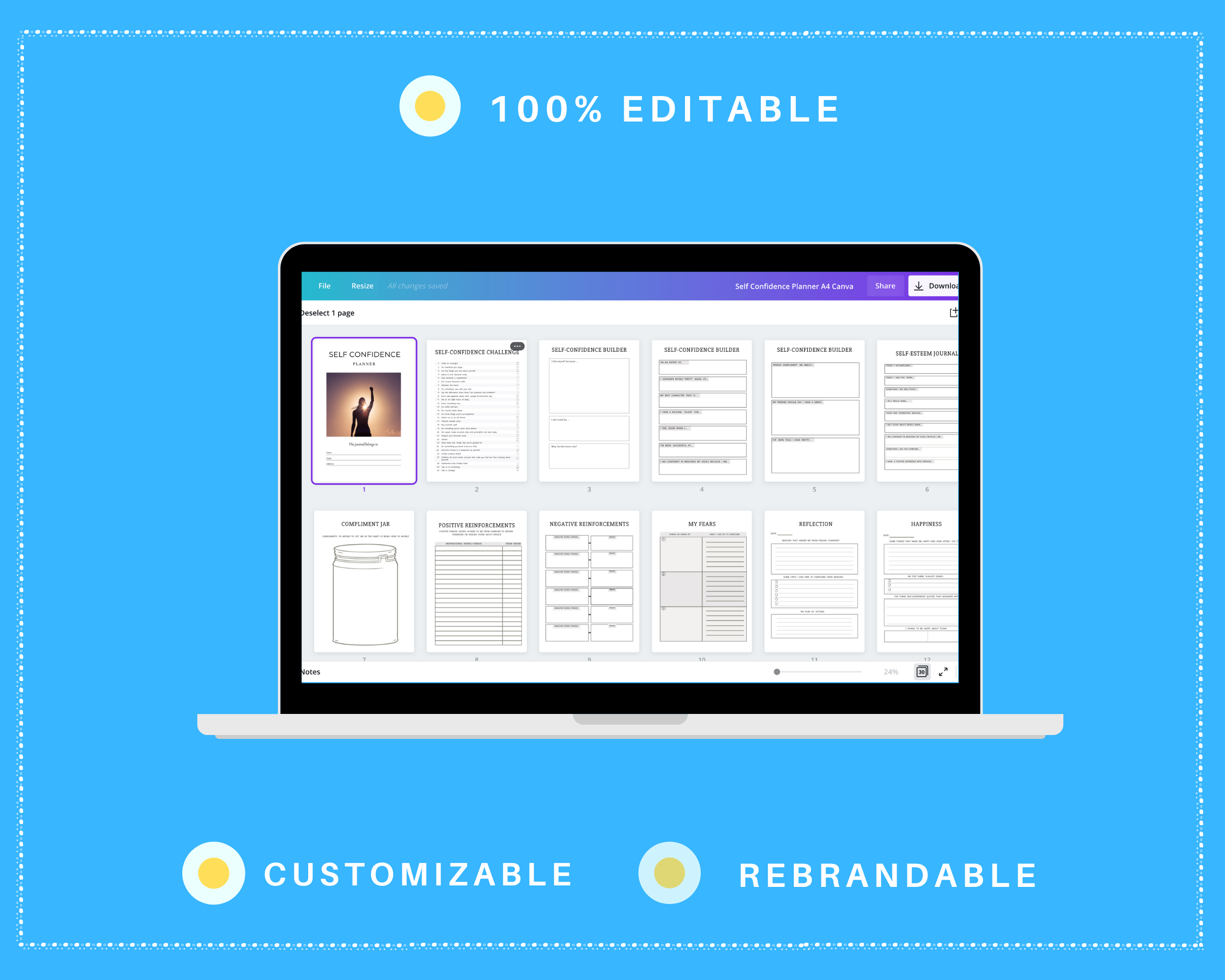 Editable Self Confidence Planner Templates in Canva | Commercial Use