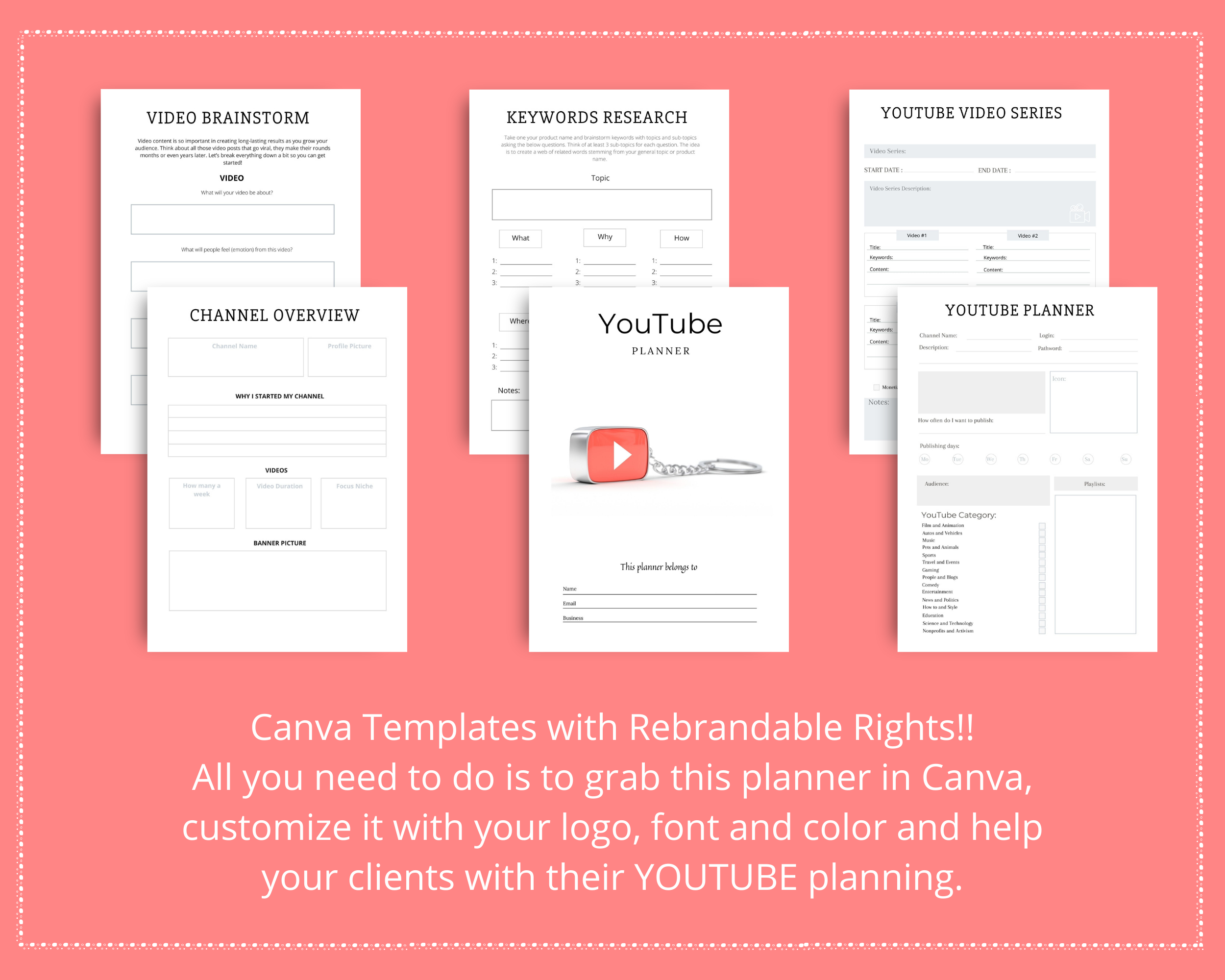Editable YouTube Planner Templates in Canva | Commercial Use