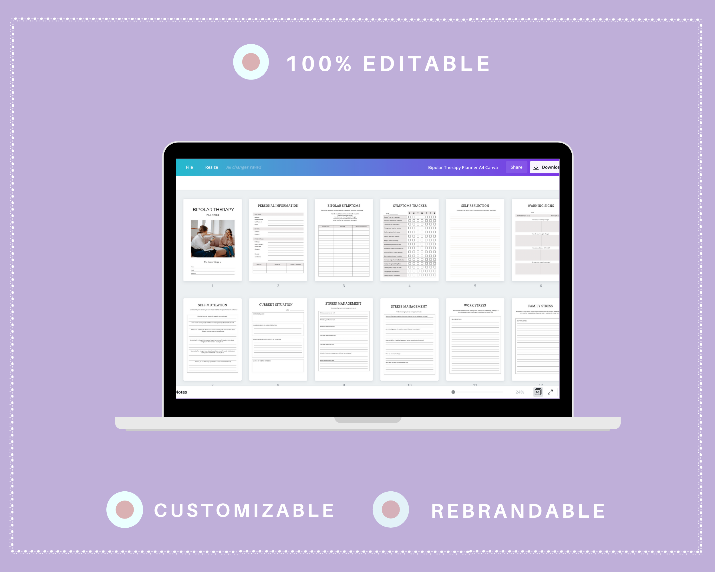 Editable Bipolar Therapy Planner in Canva | Commercial Use