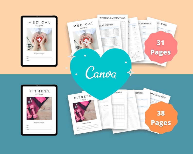 BUNDLE of 7 Wellness Planners in Canva | Customizable | Editable | Commercial Use | Health and Wellness Templates