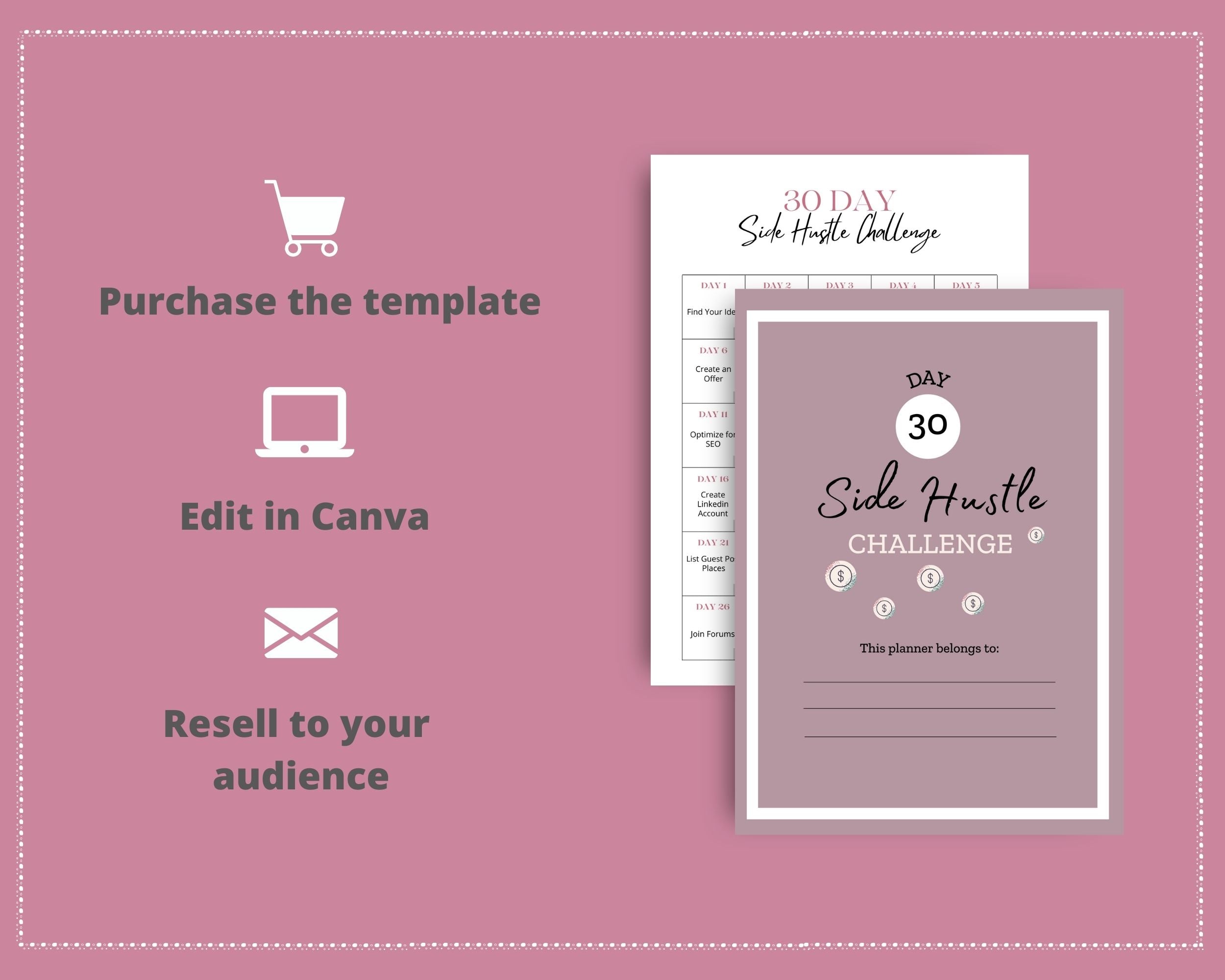30 Day Side Hustle Challenge | Work From Home Journal | Solopreneur Planner | Editable Canva Template A4 Size
