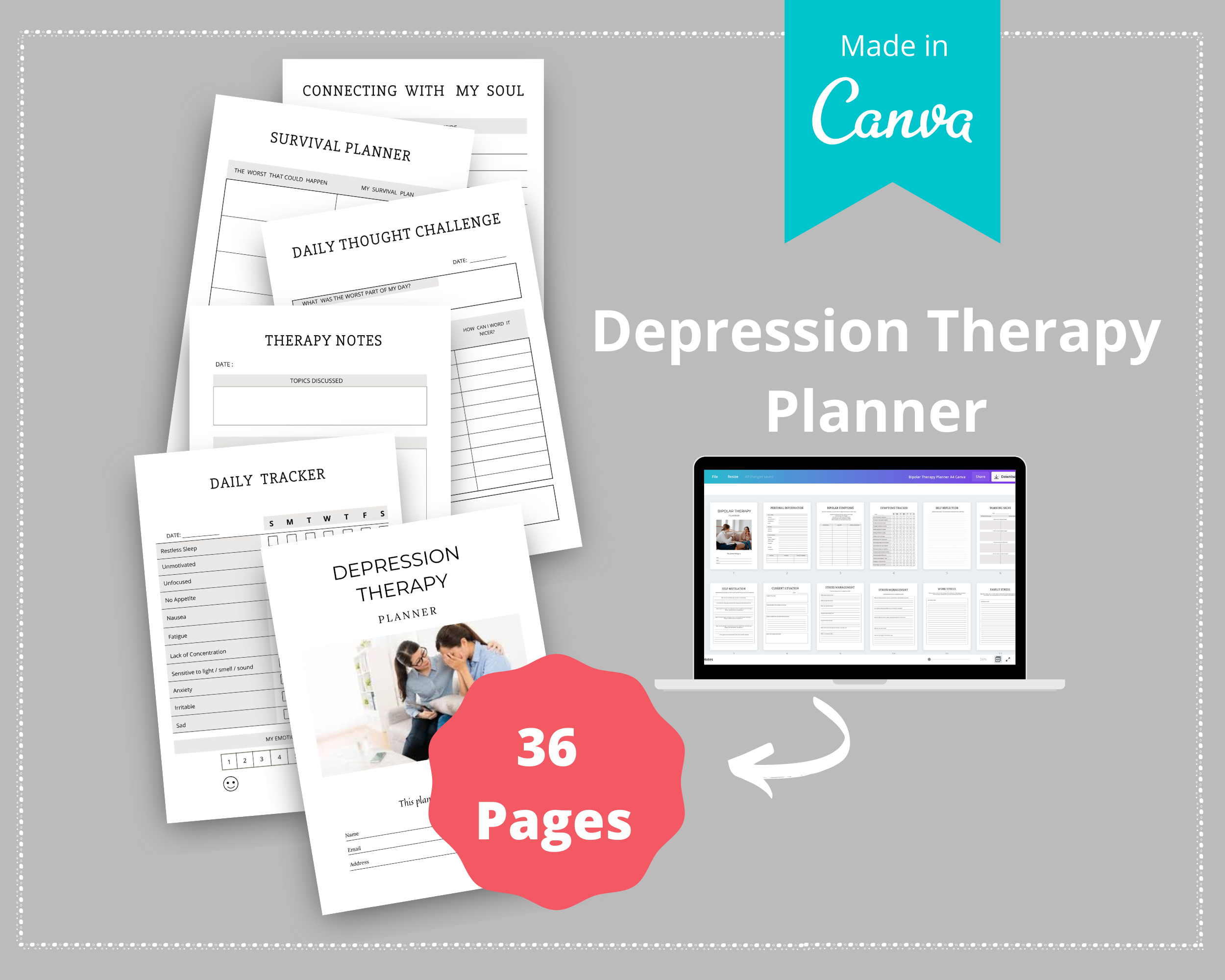 Editable Depression Therapy Planner in Canva | Commercial Use