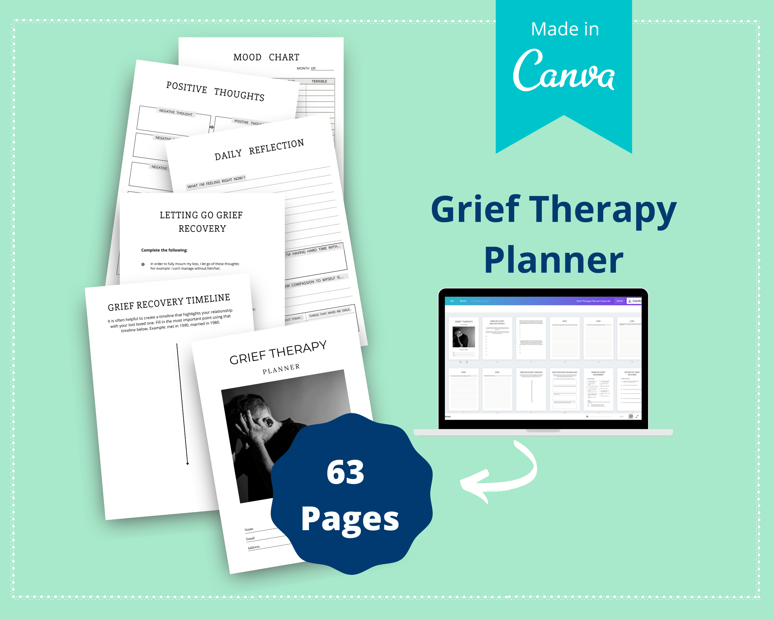 Editable Grief Therapy Planner in Canva | Commercial Use
