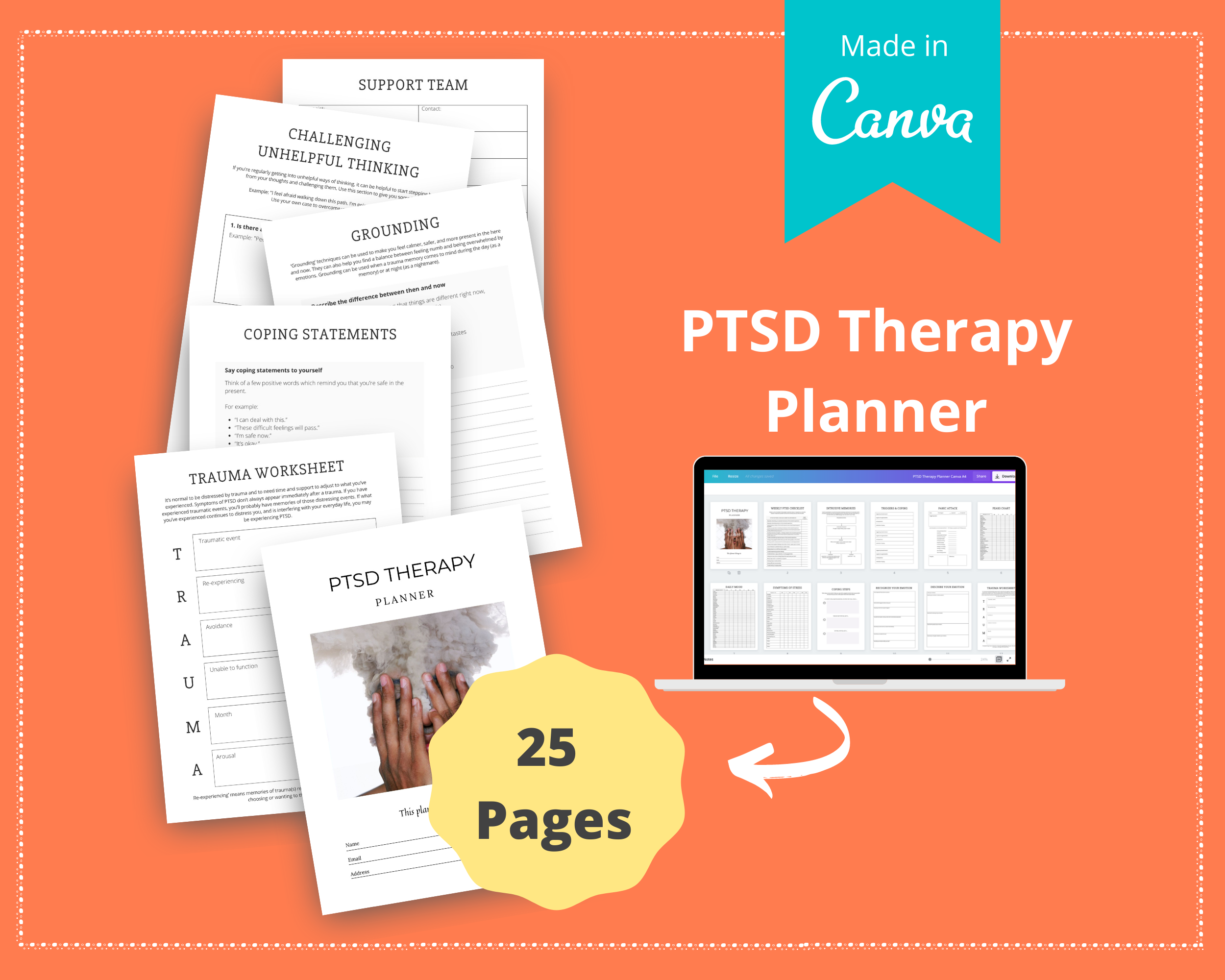 Editable PTSD Therapy Planner in Canva | Commercial Use