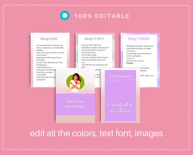 Self Love Meditation Prompts | Editable 9 Card Deck in Canva | Commercial Use