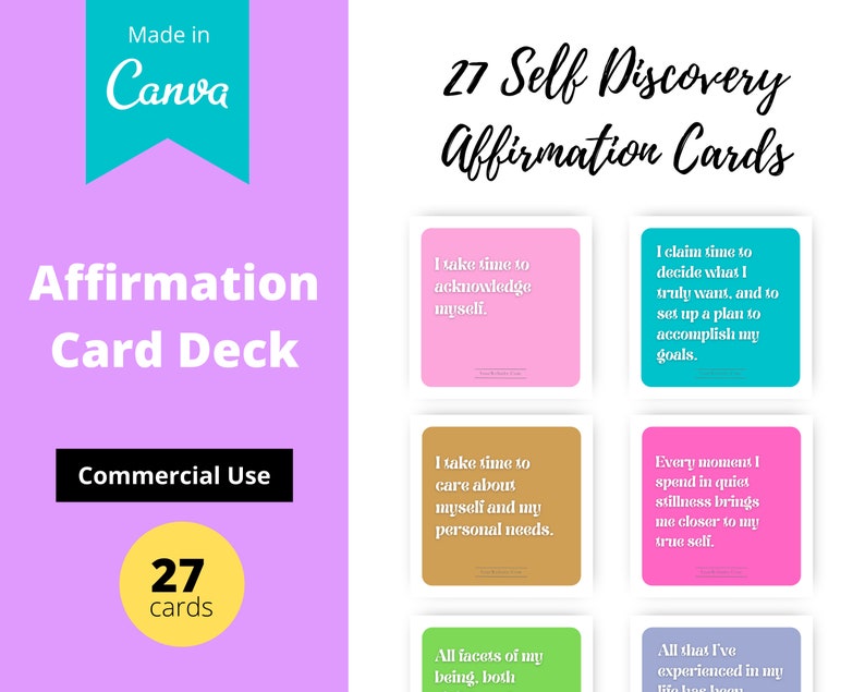 Self-Discovery Affirmation Card Deck | Editable 27 Card Deck in Canva | Commercial Use
