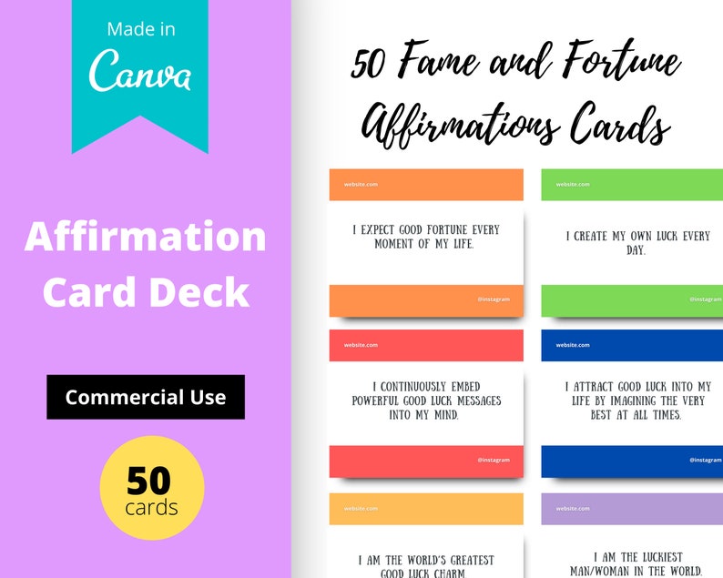 Fame and Fortune Affirmation Card Deck | Editable 50 Card Deck in Canva | Commercial Use