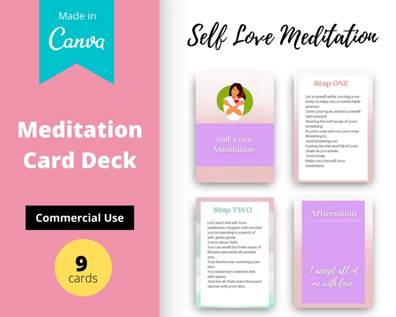 Self Love Meditation Prompts | Editable 9 Card Deck in Canva | Commercial Use