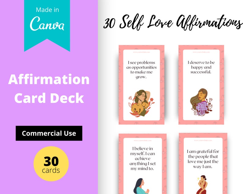 Self Love Affirmation Card Deck | Editable 30 Card Deck in Canva | Commercial Use