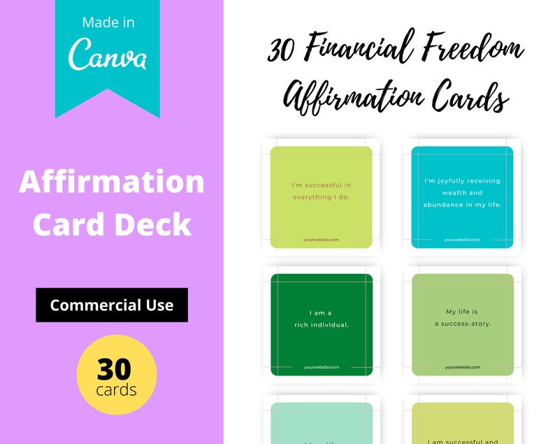 Financial Freedom Affirmation Card Deck | Editable 30 Card Deck in Canva | Commercial Use
