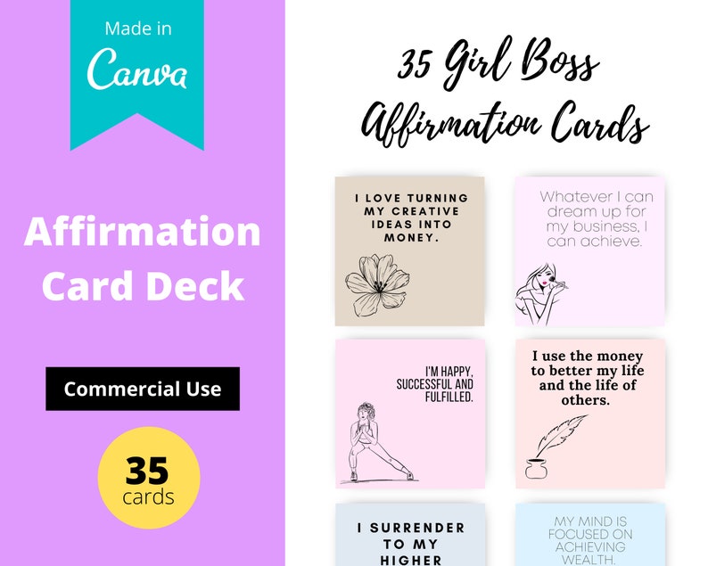 Girl Boss Affirmation Card Deck | Editable 35 Card Deck in Canva | Commercial Use