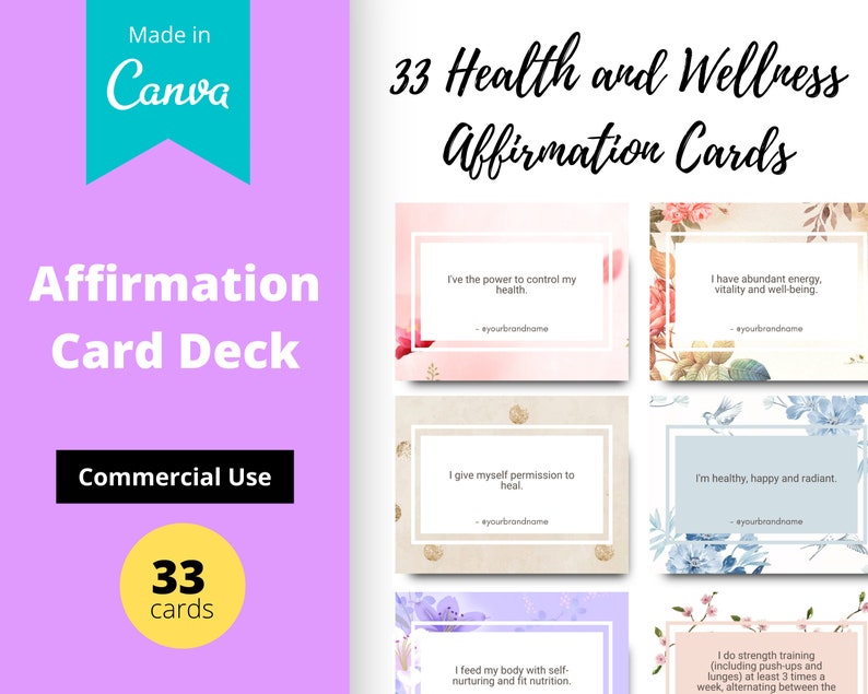 Health & Wellness Affirmation Card Deck | Editable 33 Card Deck in Canva | Commercial Use