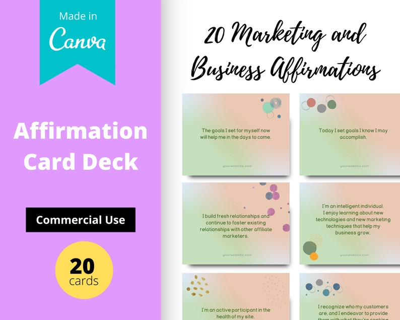 Marketing and Business Affirmation Card Deck | Editable 20 Card Deck in Canva | Commercial Use