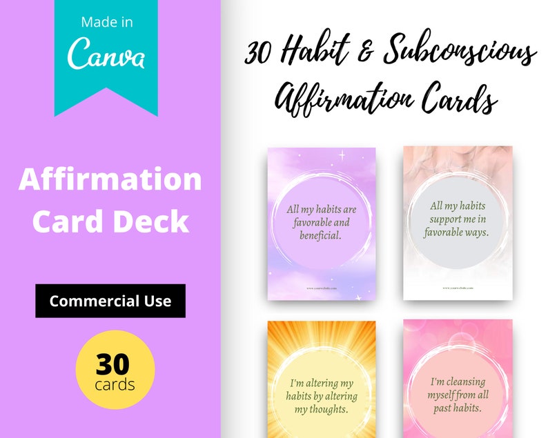 Habit & Subconscious Affirmation Card Deck | Editable 30 Card Deck in Canva | Commercial Use