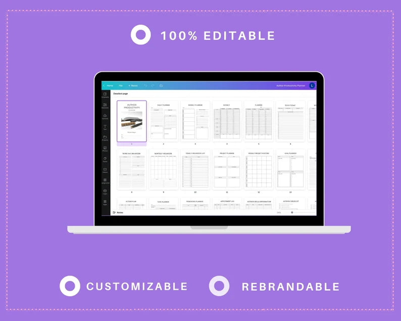 Editable Author Productivity Planner Template in Canva | Canva Template Pack | Author Productivity Template | Commercial Use