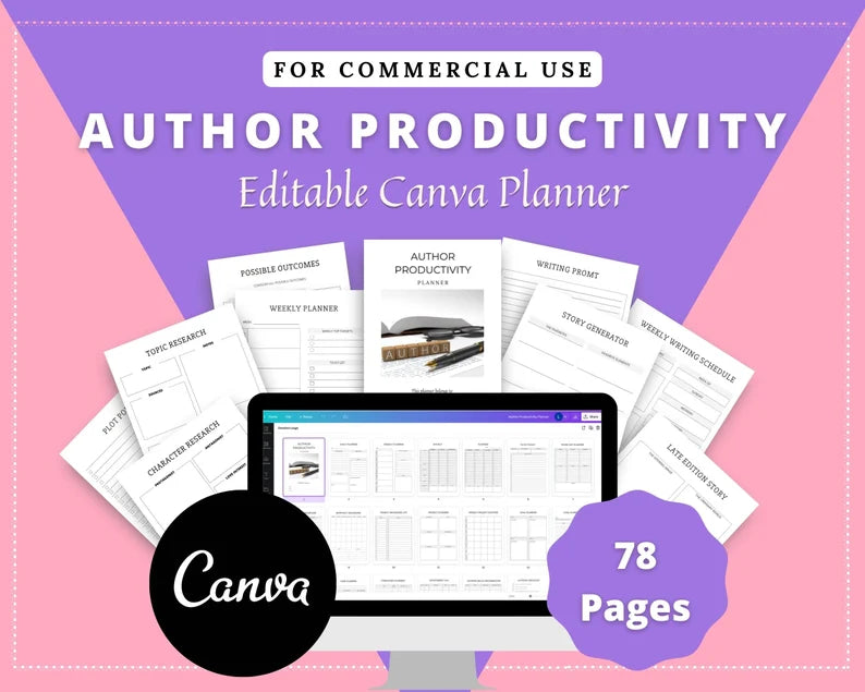 Editable Author Productivity Planner Template in Canva | Canva Template Pack | Author Productivity Template | Commercial Use